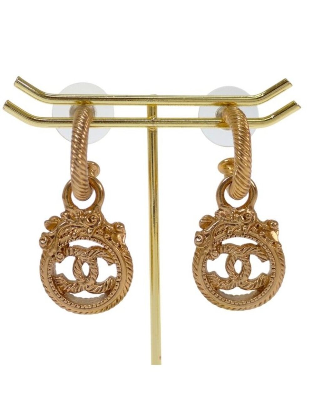 Chanel CC Logo Rope Twist Vintage Hoop Earrings Metal Gold
